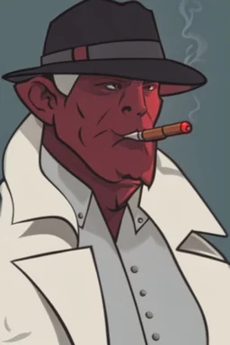 A red demon wearing a police outfit smoking a cigerate.