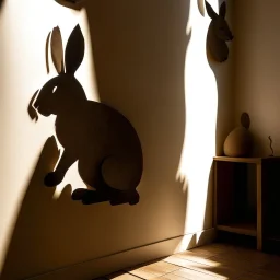 A rabbit is in place, and on the wall is a lion-shaped silhouette