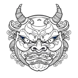 White, minimalis line art , oni mask japanes funny fat, vector, white background, outline, with images neatly contained within the background, just black and white color,