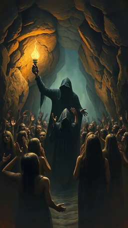 Bosch painting style nightmares, of people are crying and begging with hands up like praying in fear , all picture filled people in a cave with mysterious shadow holding a lamp at the end of the cave and looks like hell , a big scary mysterious hooded black creature is standing in the middle , all afraid of him.