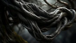 Multiple tangles entwined between a twisted thin piece of cloth as part of many twisted branches disappearing into the distant mist, epic photo, sharp on very detailed skin with wrinkles and high contrast, photorealistic, 4K, 3D, realism, hyperrealism, detailed, good lighting , detailed texture, modern photography style, 3D, 4D, 4K --2:3