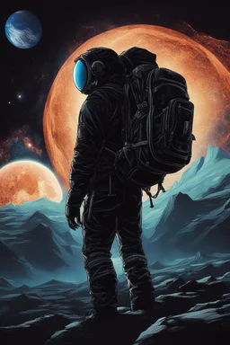 A figure wearing a black backpack deep in a supernova overlooking planet Earth