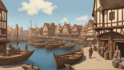 gothic medieval wooden harbour with piers and ships, people, shops, bridges, arches, balconies, taverns, blue sky, photorealistic