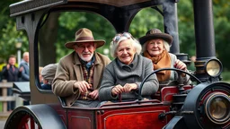 Elderly pensioners riding a steampunk traction engine. Everyone is happy. Photographic quality and detail, award-winning image, beautiful composition.