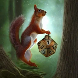 Fantasy image,wooded background, squirrel,attacking a four inch person,d&d