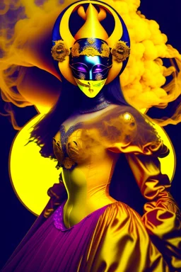 Planet Venus portrayed as a beautiful masked woman wearing medieval robes, her sihlouette is engulfed in yellow vapor and translucid fire, underneath her beauty hides a chaotic inferno of passion and violence