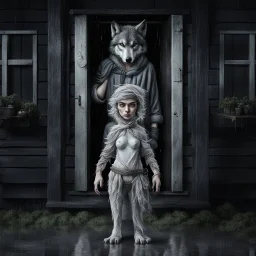 a short, thin very sad young gray hairbody anthropomorphic wolf female and wears a little with cloth around the waist stands in front of the camera in rain, an strong anthropomorphic wolf man stands behind the door in a wooden house, dark deep colors, sharp focus, rainy day, high contrast, high detail, atmospheric, dark fantasy, sci-fi