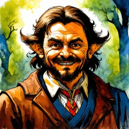 dnd, fantasy, watercolour, portrait, illustration, halfling, laborous, opportunistic, hearthy, sly, authoritative, smiling, wide face