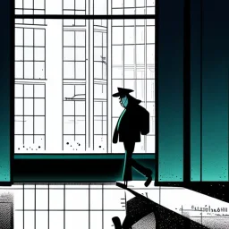 a cartoon walking sad empty glas in a factory, nobody cares about the empty glas, that is why he is so sad :(