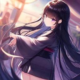 Clear focus,High resolution, black long fluffy hair, long fluffy bangs, purple eyes, wearing a kimono outfit, wearing a short skirt,