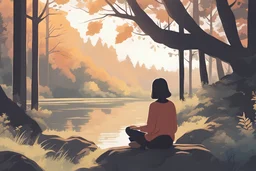 An image featuring a young woman sitting and thinking looking at the forest and breathing peacefully , much like the iconic 'Lofi Girl' scene. She is surrounded by a beautiful scenery and daylight that makes her bright and other elements that exude a sense of calm. Ensure that the image exudes a tranquil and relaxing ambiance, perfect for studying or moments of contemplation, unreal engine, greg rutkowski, loish, rhads, beeple, makoto shinkai