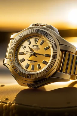 Prompt an image of the Cartier Diver watch worn by someone on the coast during the golden hour, combining stability and the beauty of a seaside journey.