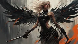 biomechanical women, beautiful, cyberpunk, dusty blonde, short square, large biomechanical black wings, sword, cybernetic, dynamic pose, rain, wind, ashes, flashes of fiery threads, sketch art, fine lines, grunge, sensual, darkness, dark colors, by Raymond Swanland & Alyssa Monks & Anna Razumovskaya