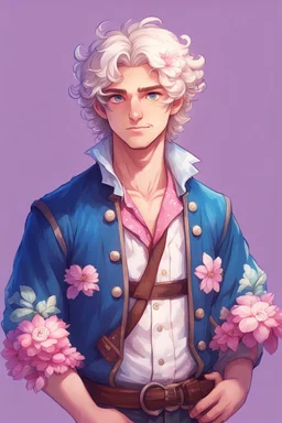 kind young sailor, man, white slightly curly hair, pirate shirt, pink and azure clothes, white floral pattern on jacket, flower in hair, stardew valley style