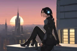 A slim Woman With Black shoulder length hair, Wearing an android-looking suit, standing sideways On a ledge of a building, with a moon Behind Her Head, towering spires and buildings highlighted by the setting sun