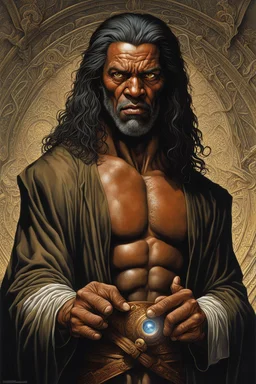 Artists leonardo Da Vinci and Michael Whelan and George Herriman unleash a captivating portrait illustration of Keith David, his wicked countenance dominating the canvas, clear eyes piercing through enveloping darkness, brilliantly grounded against the backdrop of an elusive nightmare, palpable textures, Whelan's distinctive visceral style, detailed line work, opulent shadows, dystopian, hyperrealistic