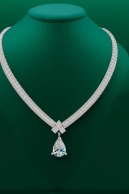 nice diamond and white gold necklace on manquin stand in luxury environment