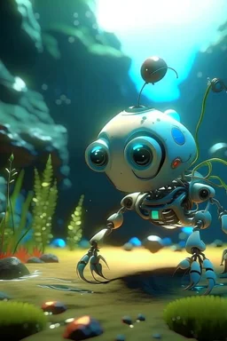 A cute robot discovering a new species of underwater creatures.., 4 k, down light, depth of field, trending on art station, high detail, cracked ground