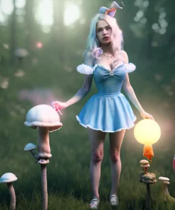 Ultra realistic wonderland photo, happy blonde Alice smoking a pipe, blue dress, white rabbit pet, circus dress style, old school tattoo, smoke, marijuana garden, glow eyes, perfect iris, little mushroom balloons, soft color, highly detailed, unreal engine 5, ray tracing, RTX, lumen lighting, ultra detail, volumetric lighting, high definition.