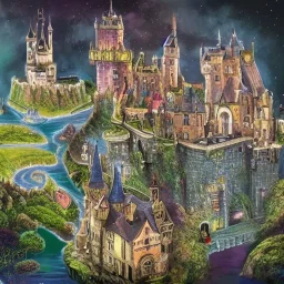 A magical canal city of wizards, witches and warlocks with a castle Andy Catling style