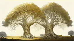 Valinor, tolkien, two giant trees, one giant golden tree, one giant silver tree