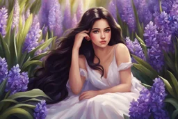 A beautiful girl is sitting surrounded by hyacinth flowers, long dark hair, ocean eyes, adorable digital painting, high quality, 4k