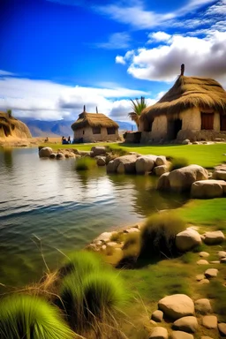 Generame una imagen de un centro de interpretacion cultural y natural, ubicado a las orillas del lago titicaca, con todas estas especificaciones: 1.4.2.1 Museo de la totora 1.5 Actividades extras 1.5.1 Deportes de Aventura 1.5.1.1 Kayak en el Lago Titicaca 1.5.1.2 Paseos en veleros de totora