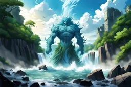 Anime view from the bank water elemental rising up out of a river