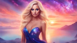 Full body portrait of a peaceful ((smiling)) gorgeous blonde Goddess of the galaxies with a blue indigo purple skin, high skul, luminous eyes in a galactic sunset