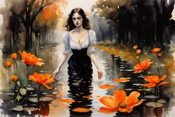 Night, one woman, orange flowers, gothic horror movies influence, puddle, epic, john singer sargent watercolor paintings