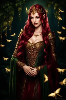 Burgundy hair, dark hair,dark red , rapunzel hair,very long hair,dark fairy princess,elven crown,night,dragonflies,beautiful,ong ashes,golden armor ,sparkle,night blooming,ivy,dark green,lilly of valley,golden elven crown,elven warrior,dark gold armor,extremely long hair