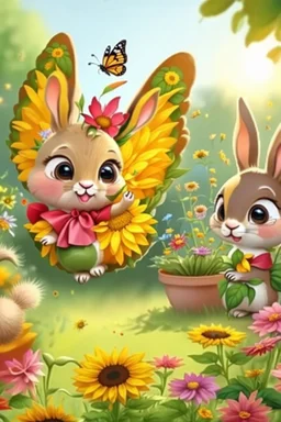 The bunny, squarrel and butterfly looks amazingly at a bright yellow sunflower in the colorful garden ,in the same style as reference image