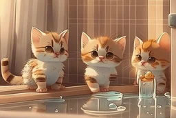 cute pixar chibi cats in a hotel