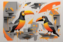 ink and paint of holo sizzle, arafed nonsense contradicting toucans in liminal space, double negative vibe, unnerving vibe, whimisical influence, grotesque vibe, ink and tint leak, minimal, brutalist, Aztec, drab and gray and orange and yellow