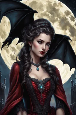 ultra highly detailed, cinematic, 32k, fairytale, gothic, a painting of a young vampire lady in a dress a detailed painting by Magali Villeneuve, behance contest winner, fantasy art, detailed painting, official art, unusual appearance, iridescent, delicate face , bats, romantic, big moon, moonlight, stars, , filigree details, dynamic lighting highly detailed, intricated, intricated pose, oil painting, thick strokes, masterpiece, high quality