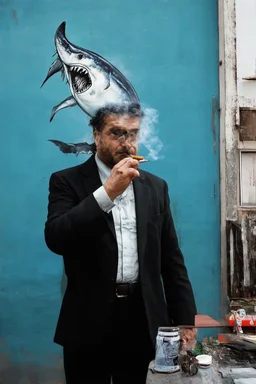 man with catfish shark head smoking a cigarrette in the style of banksy