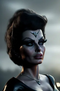 young sophia loren as evil queen in black leather, angry, stern look, volumetric lighting, particales,highly detailed,cinematic, deep colours,8