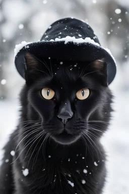 eine schwarze katze im schnee mit einem hut auf dem kopf