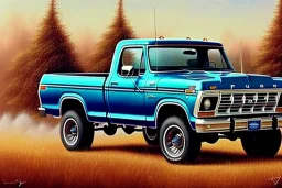 a true-to-life 1978 ford f-150 truck, centered, intricate, extreme detailed, photorealism, center view, farm background, pivot on ford, pen and color marker, painting by cheryl kelley