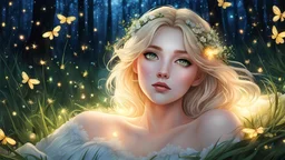 winter, a woman laying in the grass next to a forest full of fireflies, highly detailed soft lighting, blonde girl, beautiful moths, detailed anime eyes with pupils, photo of, antialiased, it is emitting a bright, firefly, by Hinchel Or, verdant, lucid