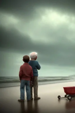 young boy standing and old man sleeping on beach, dark storm clouds overhead, gloomy, bleak, shopping trolley on side, dusk. the road cormac mccarthy