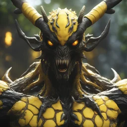 a close up of a very strange looking creature, digital art, inspired by Ryan Barger, based on bumblebee, full body savage devilman, hdr render in unreal engine 5, venom symbiote, felix englund style, cernunnos, hastur the king in yellow, octane render ] ”, shot with Sony Alpha a9 Il and Sony FE 200-600mm f/5.6-6.3 G OSS lens, natural ligh, hyper realistic photograph, ultra detailed -ar 1:1 —q 2 -s 750)