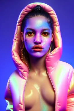 Ultra Realistic image, Rosalía artist, portrait, waist up portrait, long black eye line, sweet face, inflatable hoodie, gold pink and blue style, spray glow make up, rings piercing nose, led ornament, fog, hot, inflatable style bubble latex coat, vibrant color, highly detailed, art stations, concept art, smooth, unreal engine 5, god rays, ray tracing, RTX, lumen lighting, ultra detail, volumetric lighting, 3d, finely drawn, high definition, high resolution.