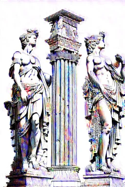 Architecture of ancient Rome of the II century AD Statues of ancient Roman gods contour reconstruction. The drawing is linear, in the style of vector graphics, black and white. High image quality in 8K