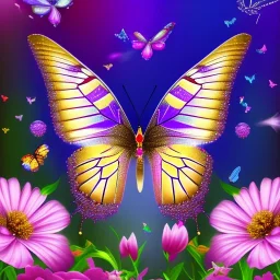 A world full of shimmering butterflies with spread out wings and light, graceful movement. This land is beautifully colored and surrounded by a picturesque landscape with trees, flowers, and singing birds. The butterflies are visible against the background of this peaceful, harmonious world.