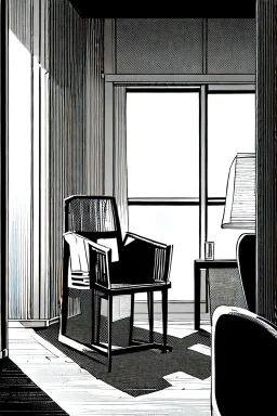 chair in the middle of an empty room, grayscale