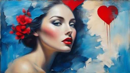 old painting, torn edges, blue, WOMAN, love, red heart, light, flower, double exposure, abstract surreal portrait, oil painting in impressionism, large strokes, airbrush effect, textured painting, antique style, vintage, semi-abstract, semi-realistic, surreal .