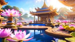 beautiful colorful Asia state spring's flowers, nature, little thai temple, fountains, lake with lotus, fantasy, romantic dreamy mood, elegant, cute, dramatic viewing, amazing world, pastel colorful, high contrast, 8k high definition, unreal engine 5, extremely sharp detail, light background,