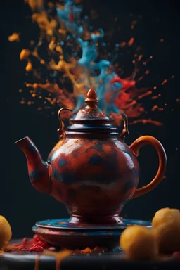a single Moroccan teapot in the center 4k, explodes with Moroccan-colored paint and splashes on a dark background. creative idea