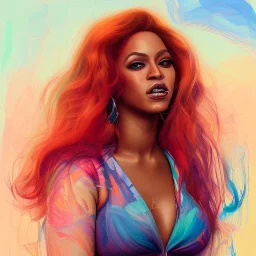 Photo of Beyonce , beautiful face, multi-hued red hair; in the style of martine johanna, draped in flowing fabric, ignore nsfw, colorful energetic brush strokes, realistic, sharp focus, 8k high definition, insanely detailed, intricate, elegant, art by martine johanna and artgerm